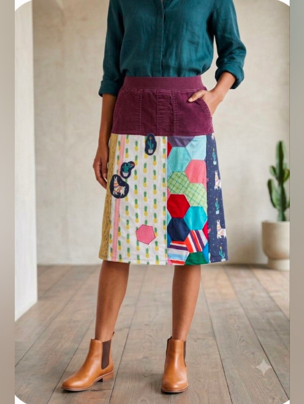 Custom Upcycled Patchwork Quilt Midi Skirt Llama Pineapple Boho, Size L